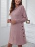 Femmes Plain Rose Col Rond Confortable Joint Fendu Robe Mi-Longue Rétro