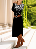 Femmes Floral Noir Col Rond Confortable Robe Mi-Longue Décontracté