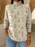 Pulls Femmes Rétro Hiver Sapin de Noël Polyester Micro-élasticité Ample Col Roulé Épaissi Droit